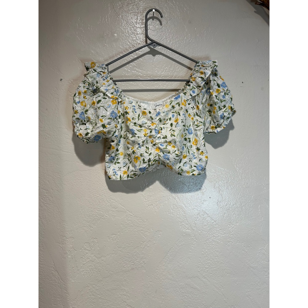 Japna Womens Floral Eyelet Puff Sleeve Crop Top White Blue Yellow Size M